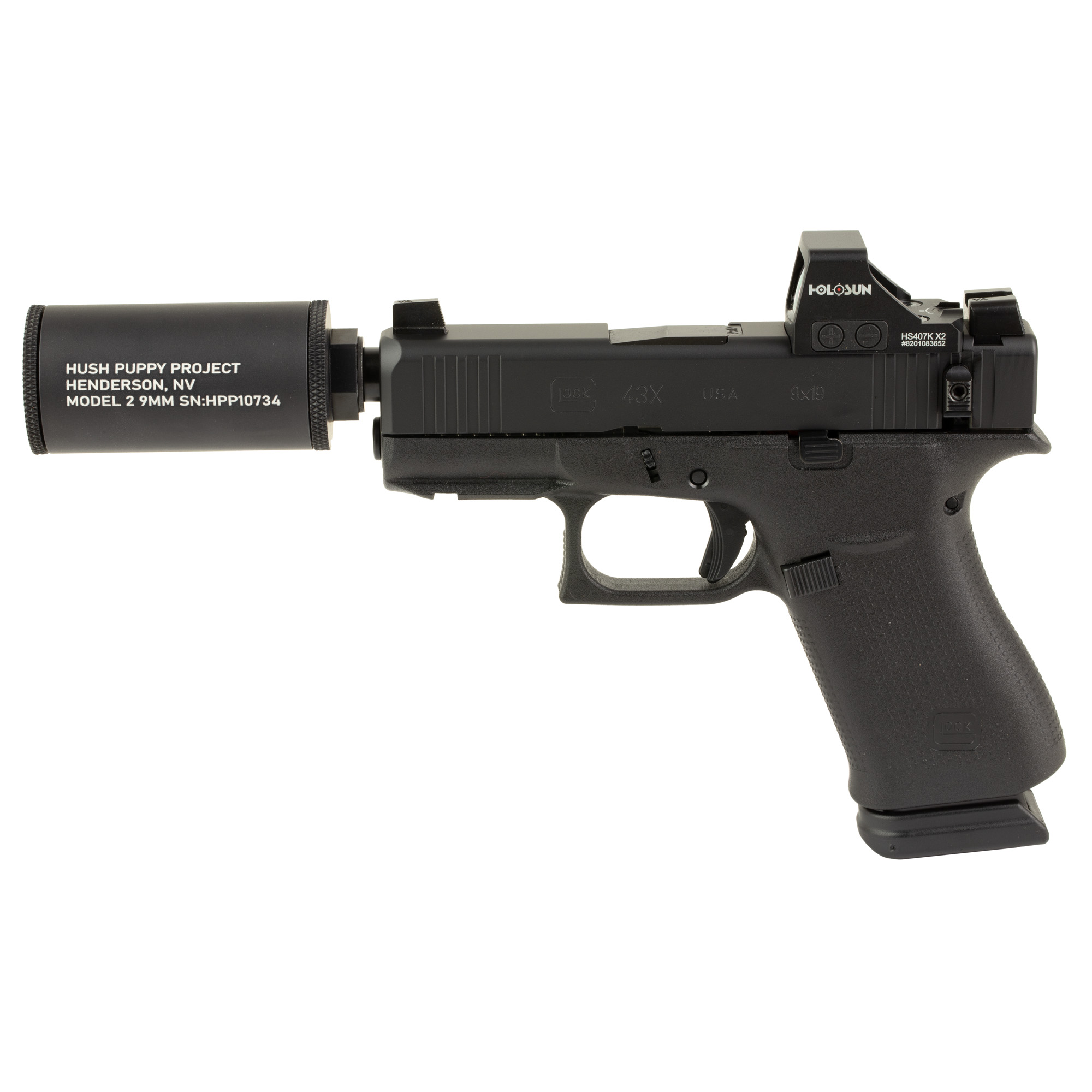 Glock 43x mos hush puppy 9mm 3.92" black cerakote 15+1 w- holosun 407k &...-img-0